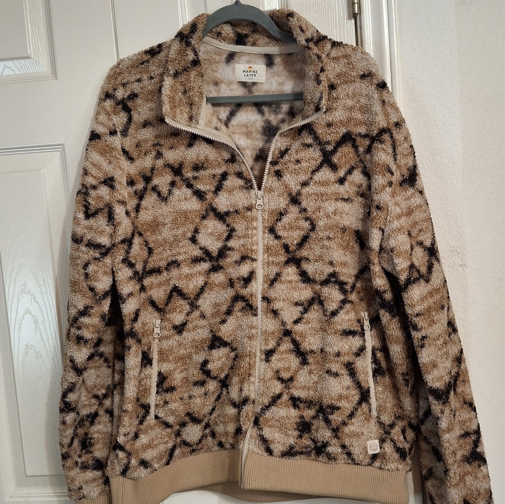 Marine Layer "Mason" Pattern High Pile Fleece Tan Geo Zip-Up Jacket Mens Large - Picture 4 of 13